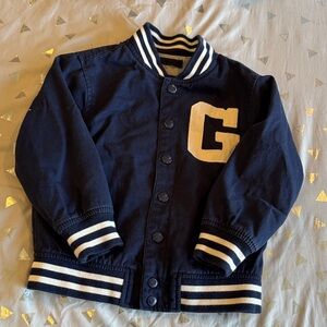 Kids Navy Letterman Jacket with Stripe Trim